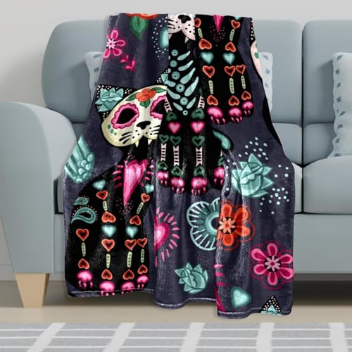 Couverture polaire douce à motif chat et fleurs de qualité supérieure