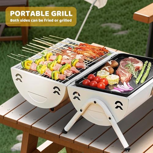 Poêle à barbecue à charbon portable en hêtre et métal blanc - 3