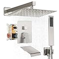 Fransiton 12 Inches Brushed Nickel Shower System Rain Shower System Set Wall Mounted, Rainfall Shower Head with Handheld & Tub Spout, Bathroom Shower Kit (Valve Included)