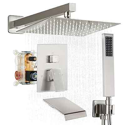 Fransiton 12 Inches Brushed Nickel Shower System Rain Shower System Set Wall Mounted, Rainfall Shower Head with Handheld & Tub Spout, Bathroom Shower Kit (Valve Included)