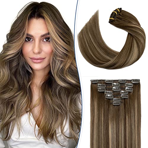Image of Clip in Hair Extensions Real Human Hair S-noilite #4T4P27 Chocolate Brown to Caramel Blonde Double Weft hair extensions 20 Inch Clip in Real Human Hair for Women Balayage Straight 7PCS 125g