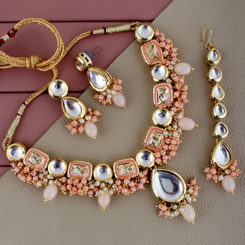 Image of Lucky Jewellery Meenakari 18k Gold Plated Tika Earring Combo Uncut Big Faux Kundan Choker Necklace set