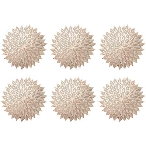 Round Placemats Washable Vinyl Placemats Set of 6 Gold Plastic Placemats (Flowers, Gold) Cover