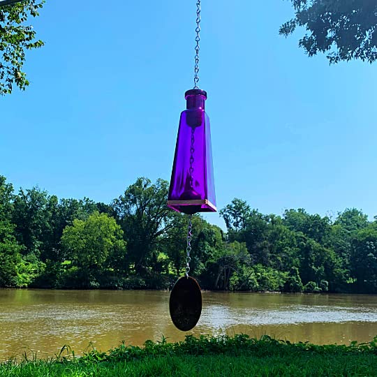 Blue Ridge Mountain Gifts Pyramid Bottle Wind Chime for Garden & Porch Decor w/Cooper Accent, Stained Wooden Ball, & Colorful Glass Bottles - Ideal for Wind Chime Lovers (Purple)