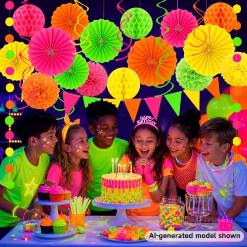 Image of 24 Pcs Neon Party Decorations Glow in the Dark Party Supplies | UV reactive fluorescent paper in pink, orange, yellow and green; paper fans, pom poms, honeycomb balls, banner and garland