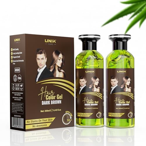 UNIK Care Organic Hair Colour Gel Ammonia-Free Temporary Dye with Argan Oil & Fruit Vinegar, 100% Grey Coverage, No Skin Staining – Easy to Use for Men & Women - Beard & Hair, 2x250ml (Dark Brown)