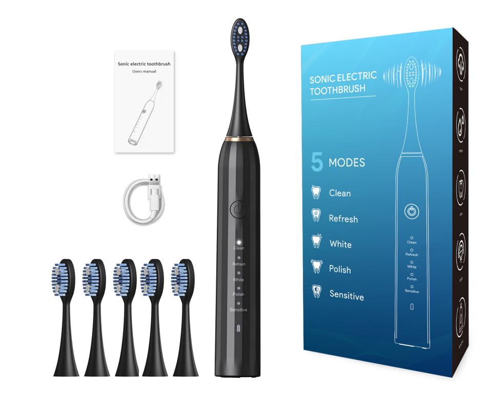Yeebyars Electric Toothbrush for Adults and Kids Rechargeable Sonic Electric Toothbrush with 5 Brush Heads, Portable Electric Toothbrush with 2.5 Hours Charge for 120 Days Use (Black2, M)