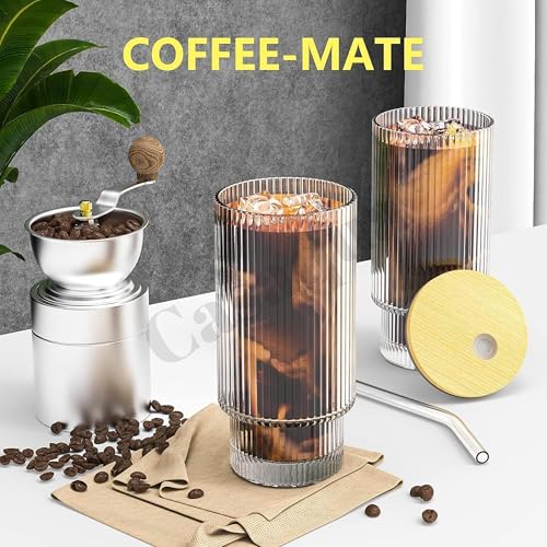 Image of Premium Ribbed Glass Tumbler with Bamboo Lid & Straw - 300ml, Set of 1, Drinking Glass Cup, Borosilicate Glass Iced Coffee Cup for Bubble Tea, Smoothies, Juice, Water, Cold Drinks & Daily Use