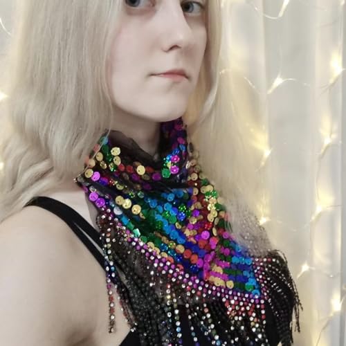 MioCloth Shiny Sequin Tassels Scarf for Women Carnival Party Sparkle Neck Scarf Shawl Neckerchief for Nightclub Costume2