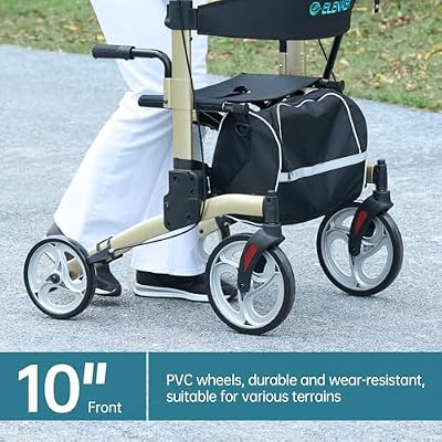 ELENKER Upright Walker, Stand Up Folding Rollator Walker with 10 Front Wheels Backrest Seat and Padded Armrests(Champagne)