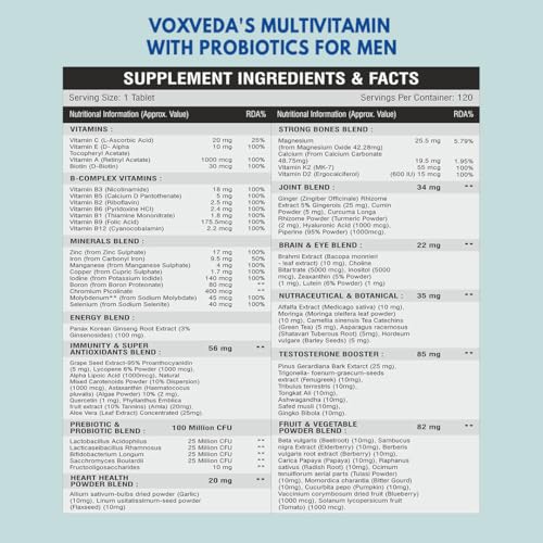 Image of Voxveda's Multivitamin for Men with Probiotics - 72 Ingredients | Multivitamin Tablet with Ginseng, Vitamin, Minirals, Aswagandha, Biotin (120 Veg Tablets)