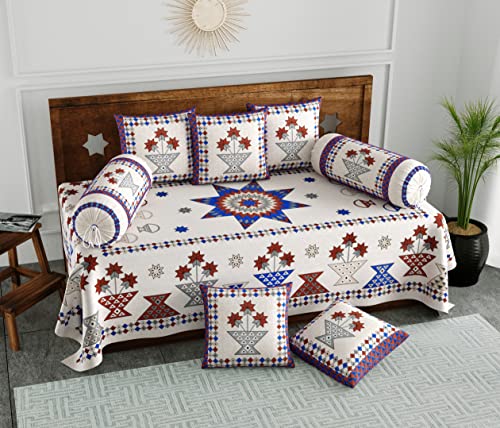 Image of BLOCKS OF INDIA 200Tc Diwan Set Cotton 8 Piece | Deewan Printed Bedsheet Sets For Living Room Hall (Set Of 8 Piece, 1-Bed Sheet | 2-Bolster Cover | 5-Cushion Cover (Color 2), Multicolor