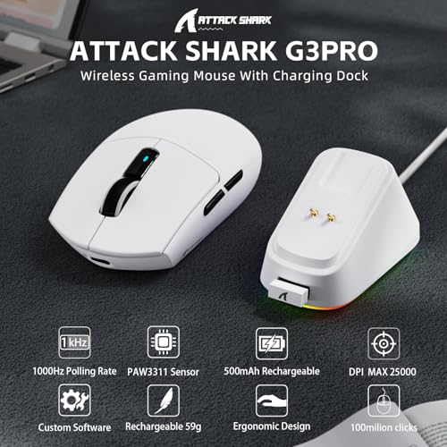 Image of ATTACK SHARK G3 PRO Wireless Gaming Mouse with RGB Charging Dock,2.4G /USB-C Wired /BT PAW3311 Optical Sensor 1K Polling Rate Adjustable 25K DPI,500mAh Battery Ultra Lightweight 59g Mice (White)