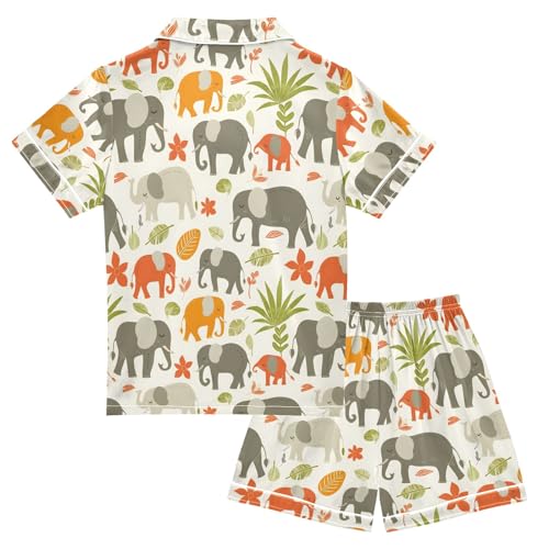Cartoon Colored Cute Elephants Summer Satin Pajama Set, Cute Button-Down Sleepwear Pj Set for Sleep Wears2