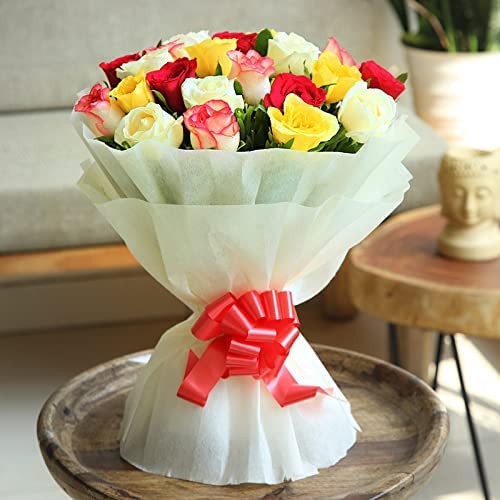 FlowerAura Decorative Bunch 20 Mixed Fresh Live Roses Flowers Bouquet