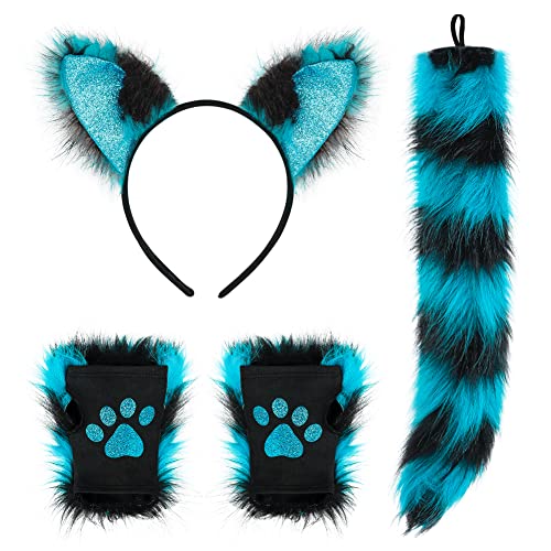 Fluffy Fox Cat Ears Headband Tail and Gloves Set Faux Fur Wolf Fox Cosplay Costume Animal Ears Headwear Long Tail Cat Paw Gloves Dress Up Kit for Halloween Role Play Fancy Dress Party Accessory