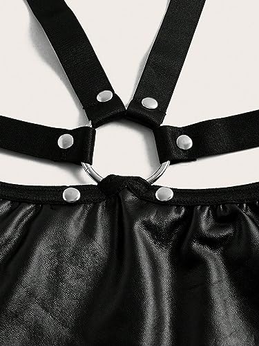 SweatyRocks Lingerie feminina de couro PU recortada com anel, bainha de babados, cinto para dormir,