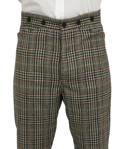 Historical Emporium Men's High Waist Wool Blend Glen Plaid Trousers, Victorian Western Pants with Suspender Buttons2