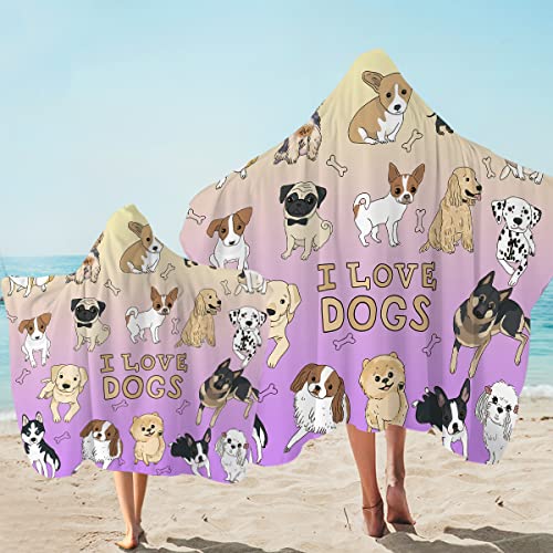 Sleepwish Puppy Dog Beach Towel with Hood Cute Dog Pattern Hooded Bath Towel Purple I Love Dogs Beach Hoodie Towel Girls Women Bathroom Wearable Towels (Kids, 1 Piece)
