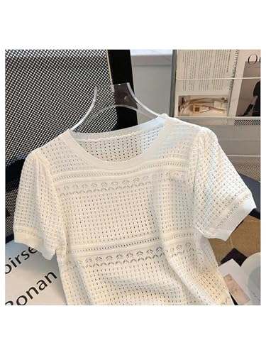 Verdusa Women's Hollow Out Sweater Knit Crew Neck Short Sleeve Lightweight Pullover Tops3