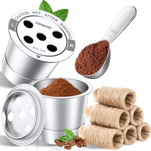 CAPMESSO Disposable Coffee Paper Filters (300 Count) & Reusable K Cups (2 Pack) - Stainless Steel Refillable Pods & Natural Coffee Filters