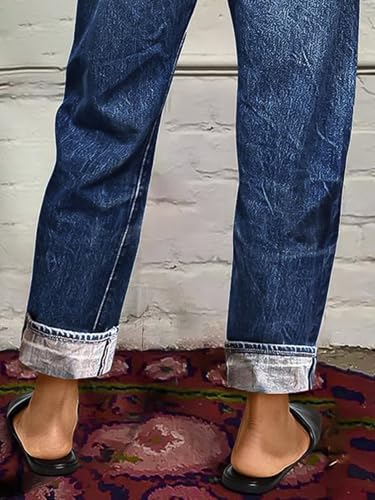 Flamingals Straight Leg Jeans for Women Mid Rise Casual Barrel Roll Hem Ripped Wash Denim Cropped Pants3