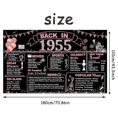 Image of DARUNAXY 71st Birthday Rose Gold Party Decoration, Back in 1955 Banner for Women 71 Years Old Birthday Background Vintage 1955 Poster Backdrop for Girls 71st Class Reunion Party Supplies
