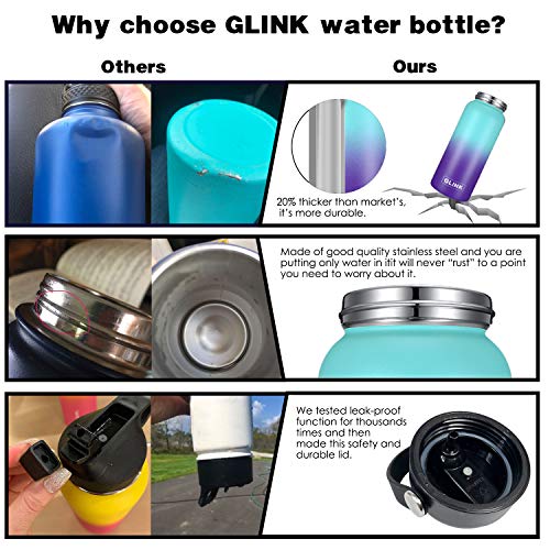 GLINK Stainless Steel Water Bottle with Straw - 32 oz Wide Mouth Double Wall Vacuum Insulated Water Bottle Leakproof, Straw Lid and Spout Lid with New Rotating Rubber Handle - Aurora - Thumbnail 5