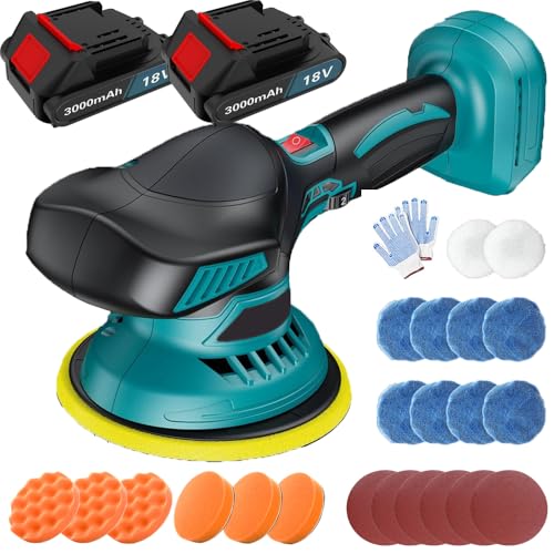 Akku Poliermaschine, Auto Poliermaschine Kompatibel mit Makita 18V Batterie, Exzenter Poliermaschine mit 2 3.0Ah Batterie, Akku Wachsmaschine für Autodetailing, Autoreinigung und Polieren von Auto