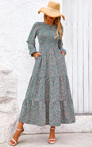 Image of PRETTYGARDEN Women's Fall Dresses 2026 Long Sleeve Flowy Casual Floral Maxi Dress Crew Neck Smocked Tiered Long Dress