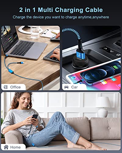 Multiple Charger Cable 2 In 1 Iphone And Android Usb Charging Cable, 4Ft Nylon Braided Multi Charging Cable With Type-C/Lightning Port Compatible With Iphone 14 Pro Max/14/13/12, Ipad, Samsung, Google #TOP5