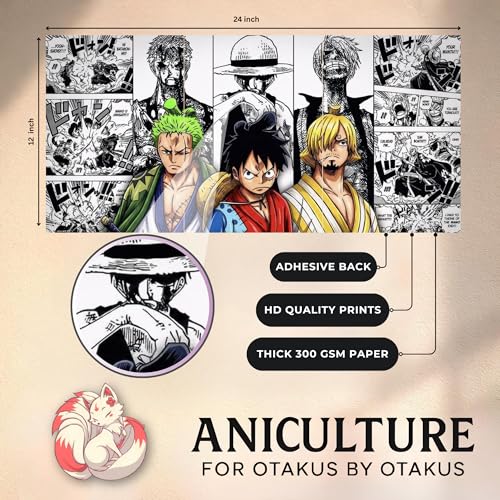Image of Aniculture One Piece Luffy, Zoro & Sanji Split Poster Set of 3, A4 Size Each - Panoramic Anime Wall Art Collage - 300 GSM Ultra HD Print Quality - Self-Adhesive - 24 x12 Inches Large Decor