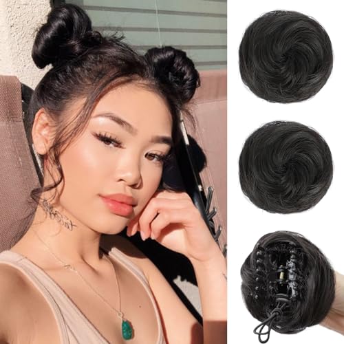 BOGSEA Space Buns Hair Pieces 2PCS Mini Claw Clip in Hair Bun Princess Leia Buns Hair Extension Updo Hairpieces for Women Girls (Brown Black)