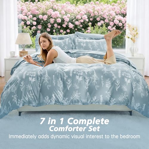 Image of MUXHOMO Oversized King Comforter Set, Mineral Blue Elegant Floral Print Bed in a Bag 7 Pieces, Soft & Breathable Reversible Botanical Pattern Bedding Set with Comforter, Sheets, Pillowcases, and Shams
