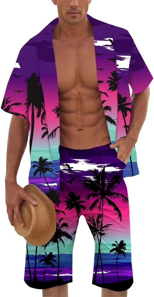 Cromoncent Men's Hawaiian 2 Piece Sets Short Sleeve Button Down Shirts and Shorts Printed Vacation Outfits