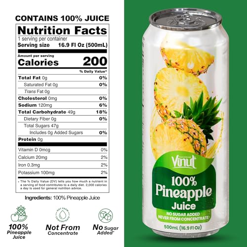 Image of VINUT 100% Pineapple Juice, No Added Sugar, Not From Concentrate, 16.9 fl oz (500 mL) Can, Pack of 12