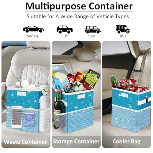Image of Car Trash Can for Car, Cute Mini Car Trash Bag with Lid, Glitter Car Garbage Can Bin Hanging for Back /Front Seat /Console, Waterproof, Leakproof, 2.5 Gallon, Blue Bling Sparkly