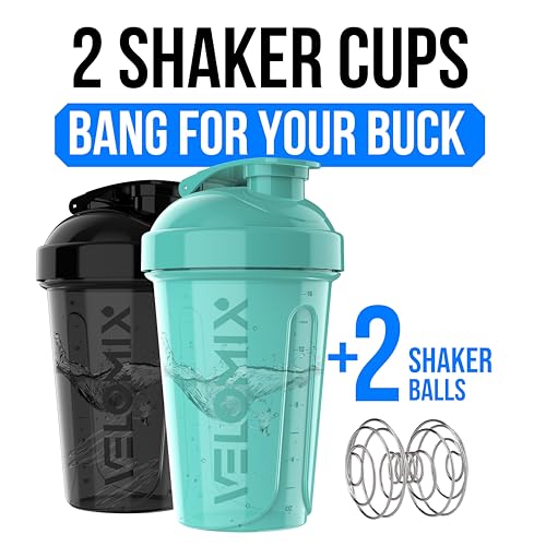 Image of VELOMIX -2 Pack- 20 oz Protein Shaker Bottles for Protein Mixes - 2x Wire Whisk | Leak Proof Shaker Cups for Protein Shakes and Pre Workout | Protein Shaker Bottle Pack (A8) Black /Torquoise