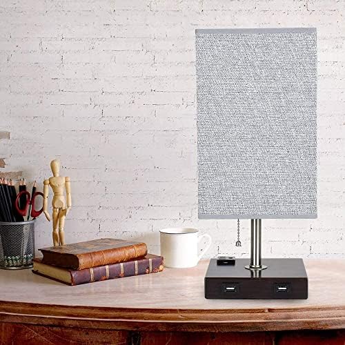 Depuley USB Table Lamp with 2 Charging Ports and AC Outlet, Modern Grey E27 Bedside Lamp, Linen Fabric Shade, Square Bedside Table Lamp for Reading, Study, Bedroom, Living Room, Dorm (5w Bulb incl)