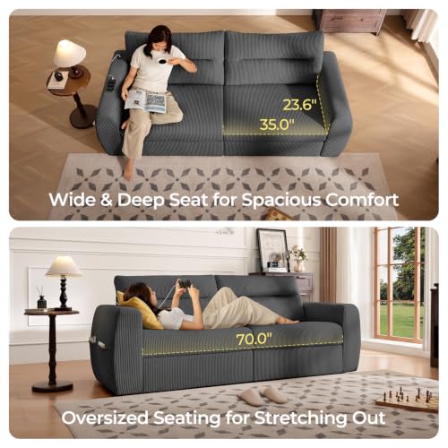 Image of 88.6 inch Modern Storage Loveseat Sofa, Small Couches for Living Room, Grey | Corduroy, USB Charging, Pull-Out Storage, Deep Seat, Comfy Love Seat for Small Spaces, Apartment, Bedroom, Dorm, Office
