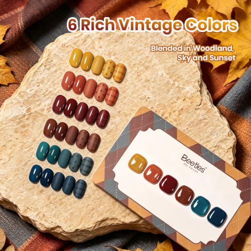 Image of Beetles Fall Gel Nail Polish Set - Vintage Wilds, 6 Colors Fall Gel Polish Set | Fall Nail Art with 2-In-1 Nail Art Pen, Button, Color Card, Soak-Off UV LED, Long-Lasting for Salon, DIY & Holiday Manicures