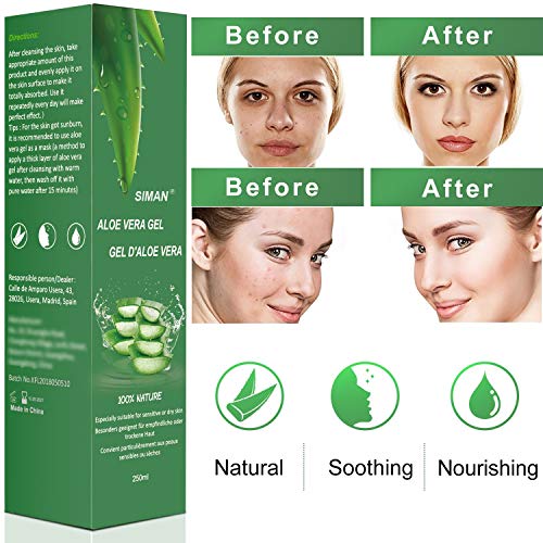 Aloe Vera Gel 100% Pur für Gesicht, Haare und Körper, Natürliche, Beruhigende und Pflegende Feuchtigkeitscreme, After Sun Pflege, Ideal für Trockene, Beanspruchte Haut & Sonnenbrand, 250 ml 2