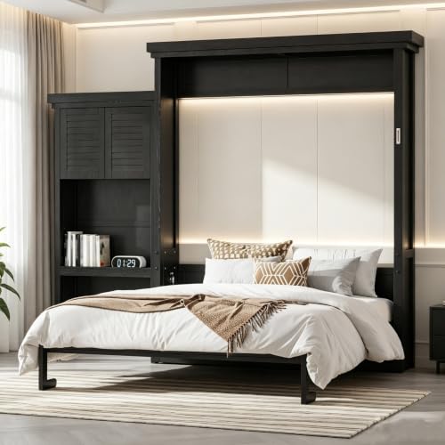 JIJIWANG Queen Murphy Bed with Storage & Louvered Style, Black