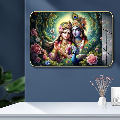 Image of Masstone Radha Krishna Crystal Embedded High Gloss Wall Painting, Golden Slim Frame, 45x30 Cm Wall Art for Living Room, Bedroom, Office & Home Decor (CRG33)