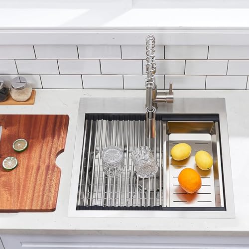 Image of SHACO 21 Inch Drop In Kitchen Sink, 21 x 20 Inch Top Mount 16 Gauge Stainless Steel Single Bowl Workstation RV Small Kitchen Outdoor Laundry Wet Prep Sink with Accessories