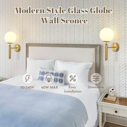 Image of KCO Lighting Set of 2 Mid Century Modern Brushed Gold Globe Wall Sconces | E26 Bulb Included, Indoor Frosted Milk Glass Wall Light, Vintage Hardwired Vanity Fixture for Bathroom Bedroom Hallway Bar