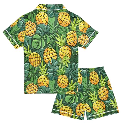 ALAZA Tropical Leaf Pineapple Green Pajamas Satin Pajama Set Short Sleeve Button Down Sleepwear2