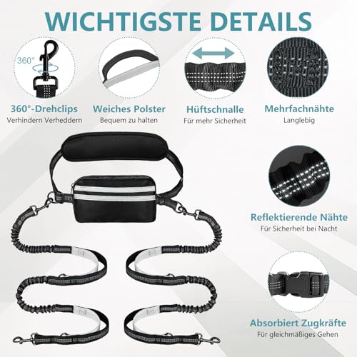 Moorstdel Joggingleine mit Bauchgurt für 2 Hunde,Verstellbar Übungsleine,Freihandleinen für Doppelter Hunde,mit Reflektierend Elastisch Laufleine und Dual Griffe zum Joggen und Walken