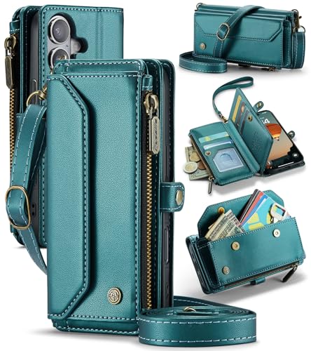 Étui en cuir PU pour iPhone 16 bleu vert élégant avec emplacements pour cartes