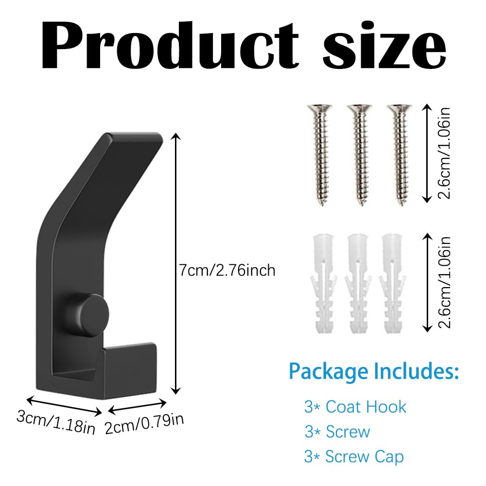 YUEYIXII 3PCS Black Coat Hooks Wall Mounted Double Prong Coat Hangers Heavy Duty Metal Strong Hook with Screws Wall Hooks for Hanging Clothes Coat Towel Bathroom Bedroom Kitchen Door - Image 2